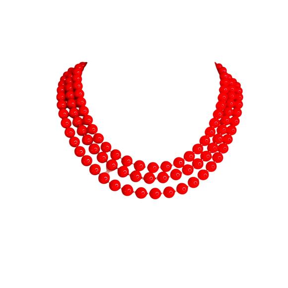 Vintage Cherry Red Hand Knotted Beaded Necklace - Picture 3 of 4